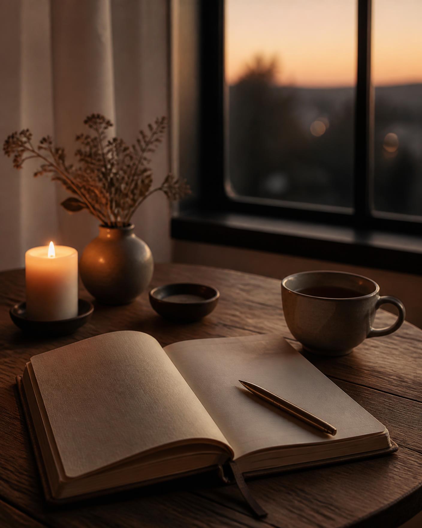 An open journal, candle, and cup of tea on a table at dusk